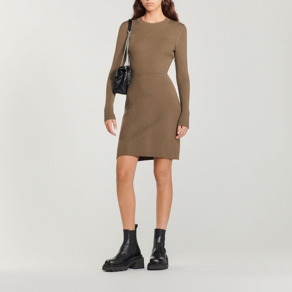 Sandro Ribbed Knit Dress with Open Back in Kaki - Size Small w. stretch - Picture 4 of 7